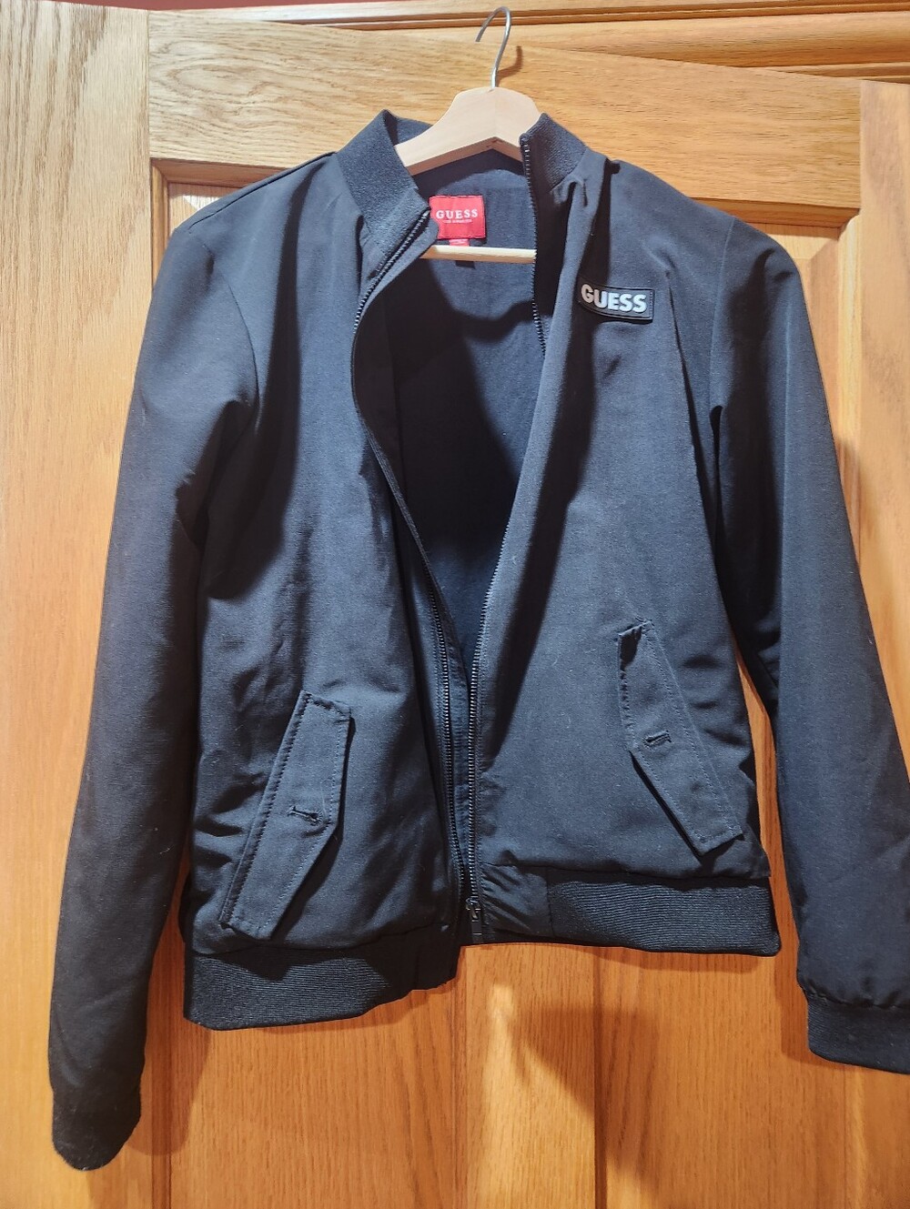 GUESS Black Men's Bomber Jacket with Logo Patch